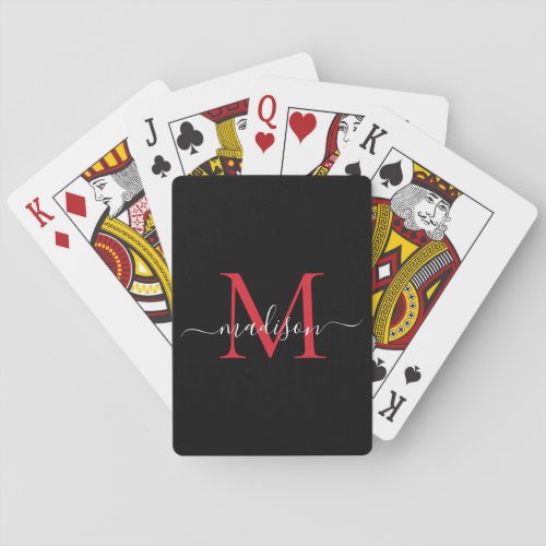 Classic Black Red Monogram Stylish Script Name Poker Cards