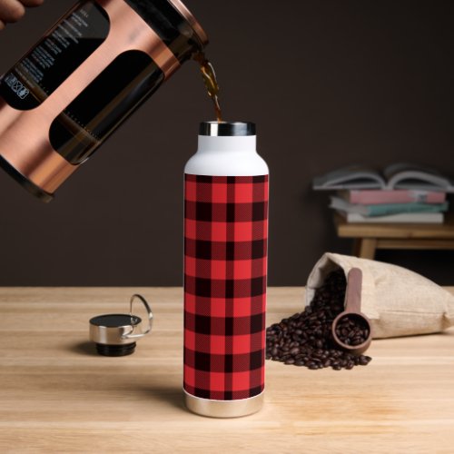 Classic Black  Red Plaid Squares Water Bottle