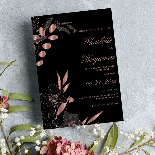 Classic black rose gold elegant floral wedding invitation (Classic black rose gold elegant floral wedding)