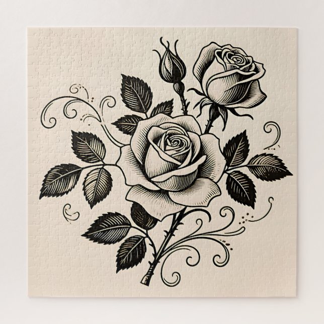 Classic Black Rose Vintage Botanical Bloom Jigsaw Puzzle (Vertical)