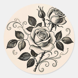 Classic Black Rose Vintage Botanical Bloom Round Sticker