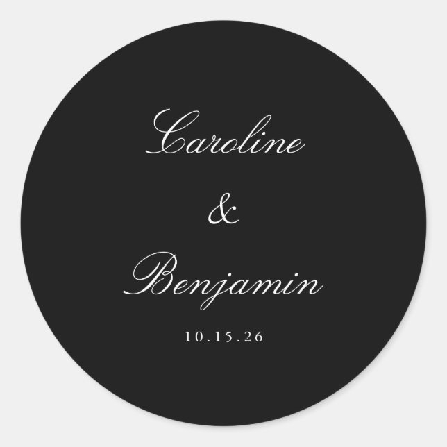 Classic Black Script Elegant Wedding Custom Classic Round Sticker (Front)