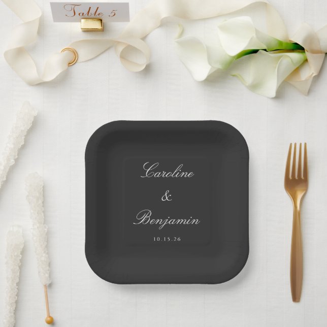 Classic Black Script Elegant Wedding Custom Name  Paper Plates (Wedding)