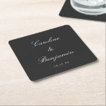 Classic Black Script Elegant Wedding Custom Name  Square Paper Coaster<br><div class="desc">Stylish Formal Classic Traditional Script Elegant Wedding Invitation Custom Square Paper Coaster with White Text on a Black Background</div>