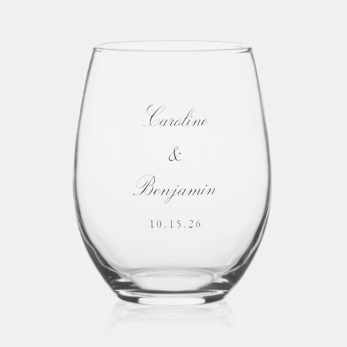 Classic Black Script Elegant Wedding Custom Name Stemless Wine Glass