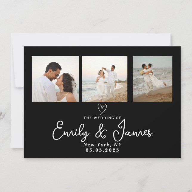 Classic Black Script Photo Strip Wedding  Invitation (Front)