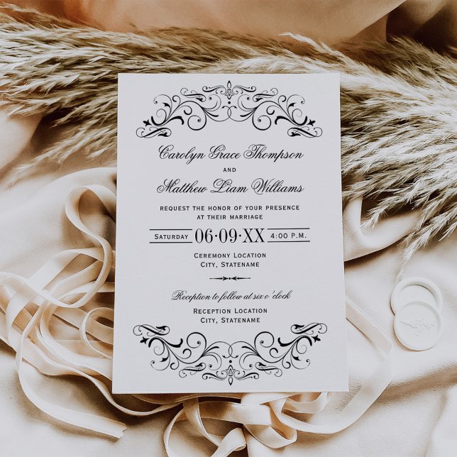 Classic Black Scrollwork Flourish Wedding Invitation (Creator Uploaded)