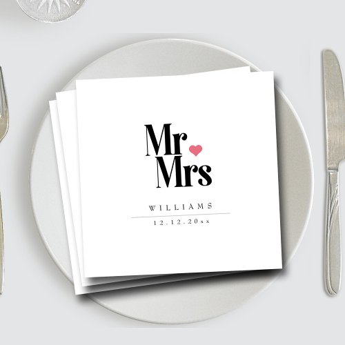 Classic Black Serif  Mr and Mrs Heart Monogram Napkins