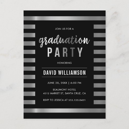 Classic Black  Silver Stripes Graduation Party Invitation Postcard