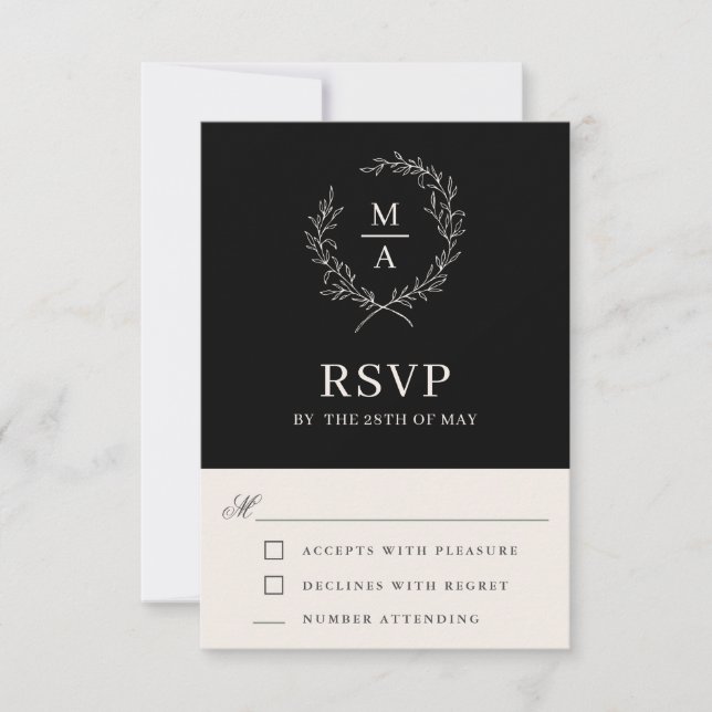 Classic Black Simple Elegant Monogram RSVP Card (Front)