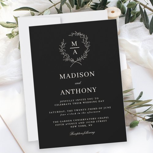 Classic Black Simple Elegant Monogram Wedding Invitation