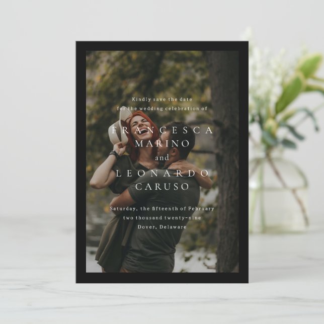 Classic Black Simple Photo Wedding Save The Date (Standing Front)