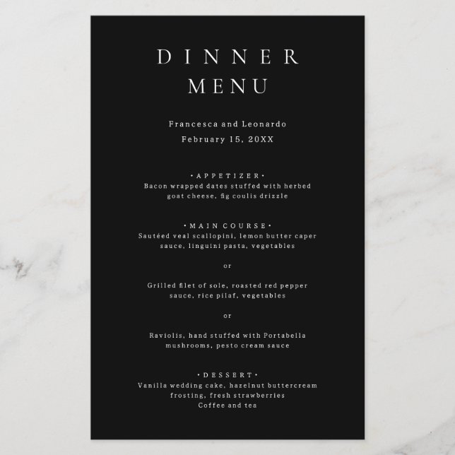 Classic Black Simple Wedding Menu Flyer (Front)