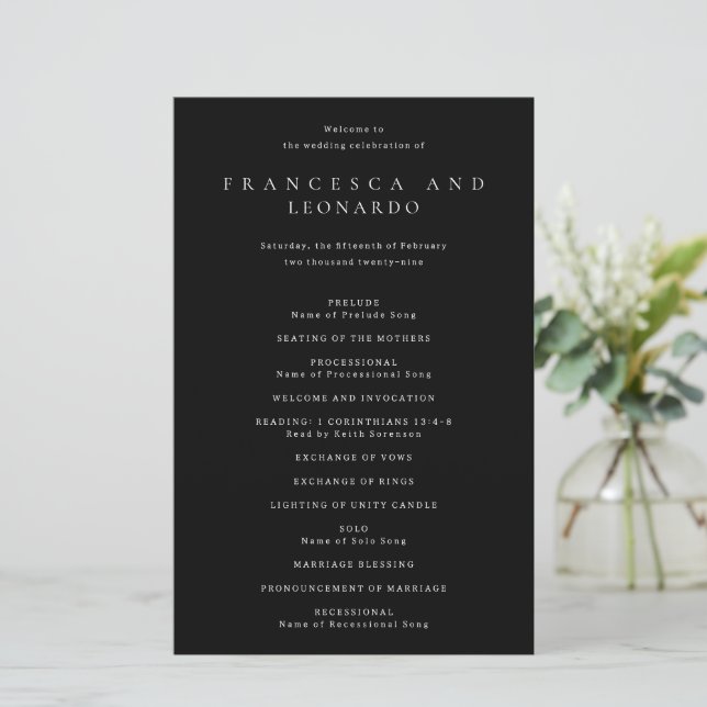 Classic Black Simple Wedding Program (Standing Front)