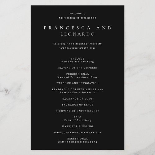 Classic Black Simple Wedding Program Flyer