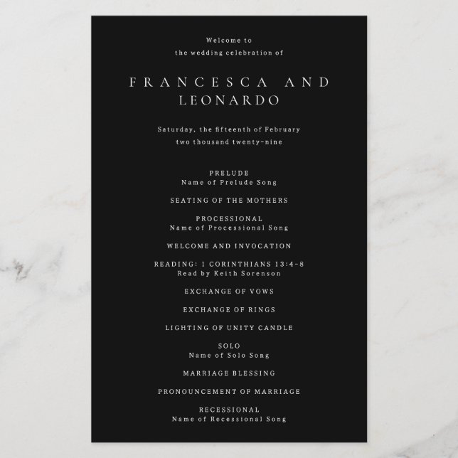 Classic Black Simple Wedding Program Flyer (Front)
