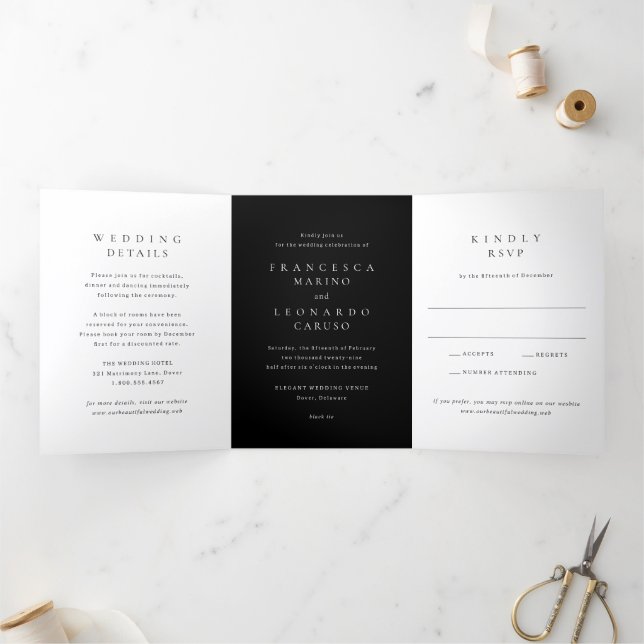 Classic Black Simple Wedding Tri-Fold Invitation (Inside)