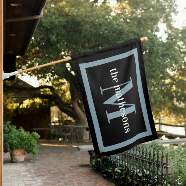 Classic Black & Slate Family Name & Monogram House Flag (In SItu)