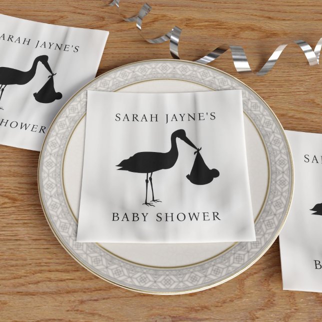 Classic Black Stork Baby Shower White Napkins (Choose the color of your baby shower napkins or keep the classic black stork with white.)