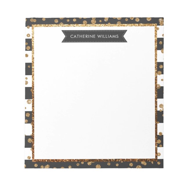 Classic Black Stripe Gold Glitter Sparkle Confetti Notepad (Front)