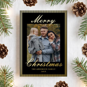 Classic Black Stripes Old Money Christmas Photo Foil Holiday Card