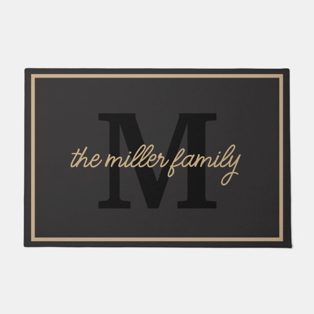 Classic Black & Tan Family Name & Monogram Doormat (Front)