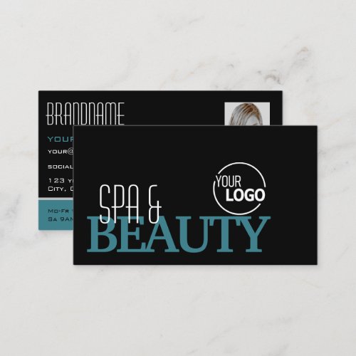 Classic Black Teal White Simple Logo and Photo Business Card