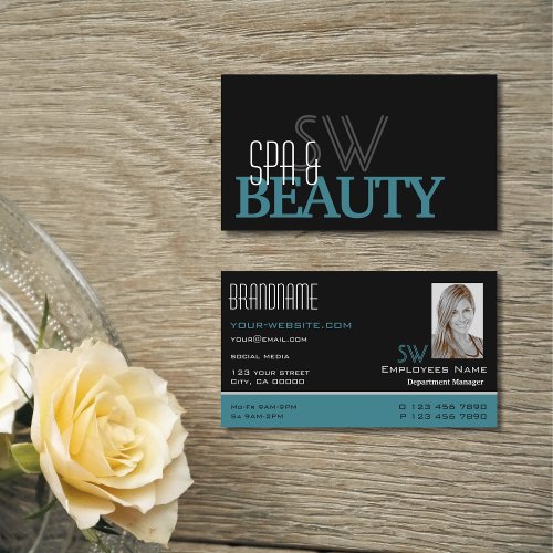 Classic Black Teal White with Monogram and Photo Business Card