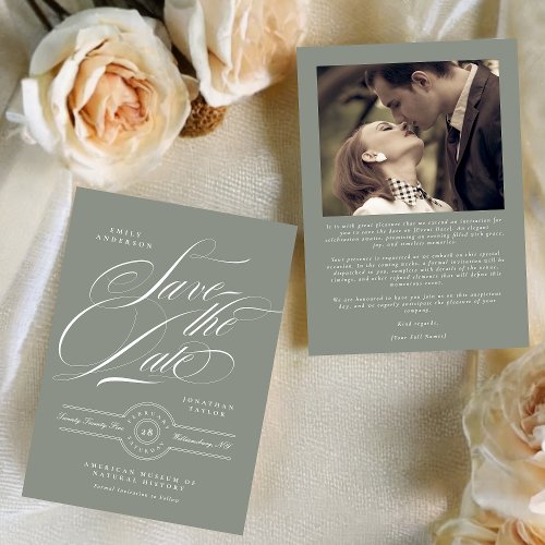 Classic Black Tie Gray Green Calligraphy Photo Save The Date