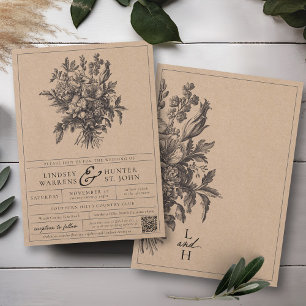 Classic Black Vintage Floral Rustic Kraft Wedding Invitation
