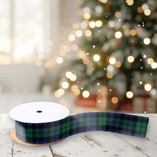 Classic Black Watch Plaid Tartan Green Navy Blue Satin Ribbon