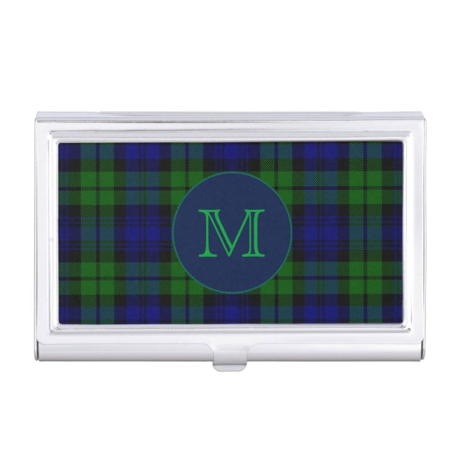 Classic Black Watch Tartan Plaid Monogram Business Card Holder (Front)