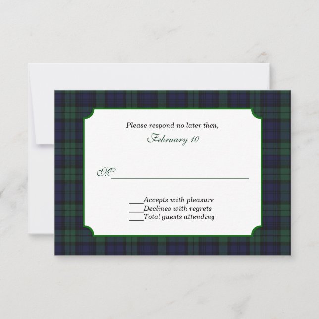 Classic Black Watch Tartan Wedding RSVP Card (Front)
