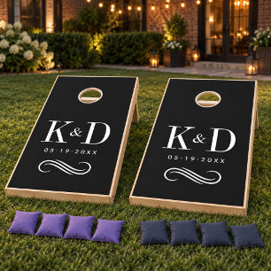 Classic Black Wedding Monogram Initials Cornhole Set