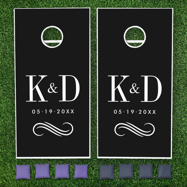 Classic Black Wedding Monogram Initials Cornhole Set (Creator Uploaded)