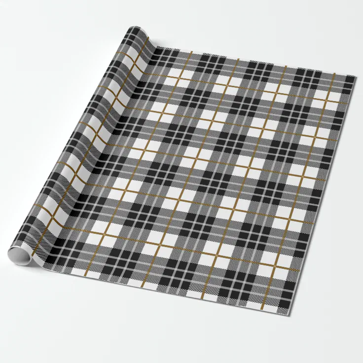 Classic Black, White and Gold Plaid Wrapping Paper | Zazzle