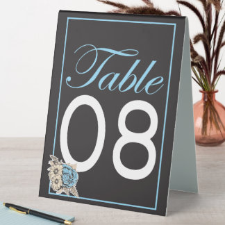 Classic Black, white blue rose and blue border Table Tent