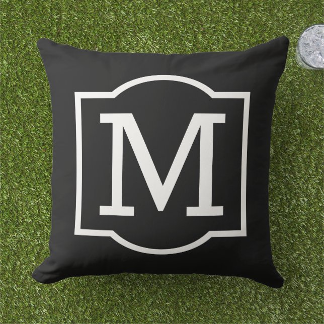 Classic Black White Bracket Monogram Outdoor Pillow (Grass)
