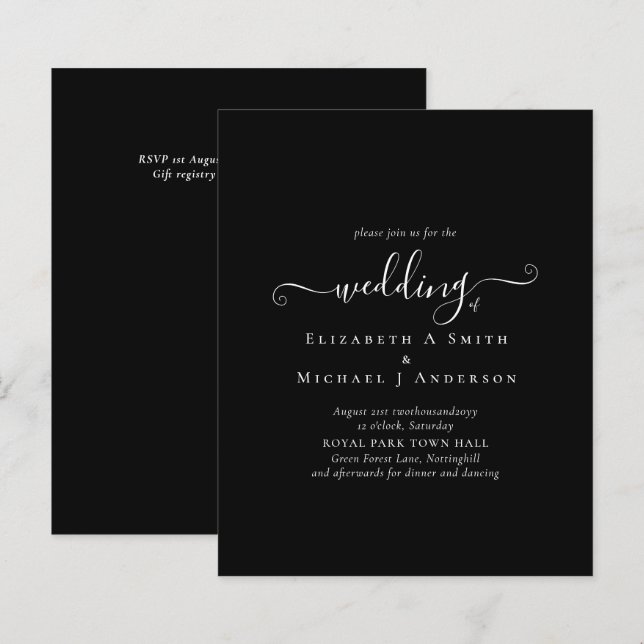 Classic Black White Budget Wedding Invitation (Front/Back)