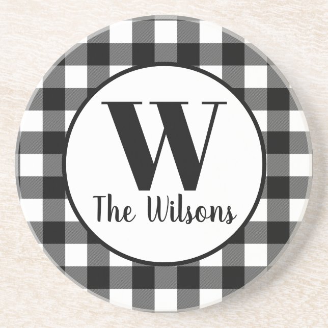 Classic Black White Buffalo Plaid Monogram Coaster (Front)