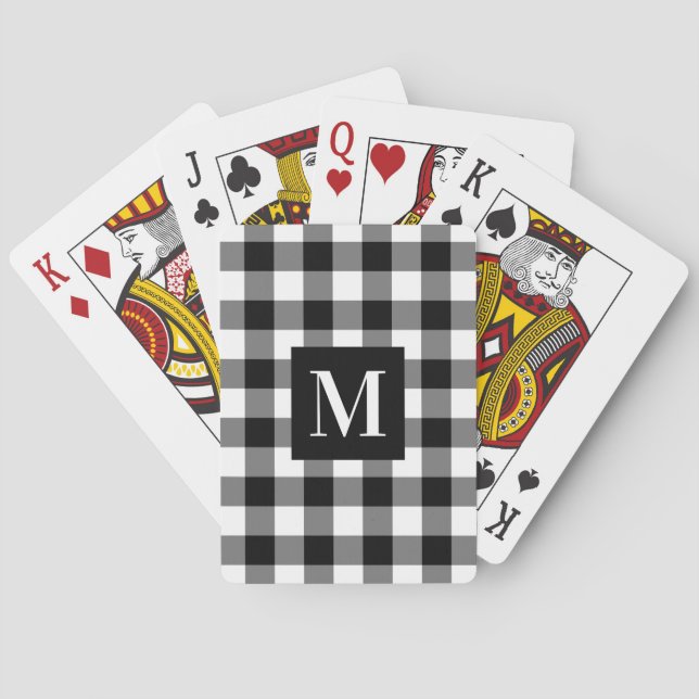 Classic Black White Buffalo Plaid Monogram Poker Cards (Back)