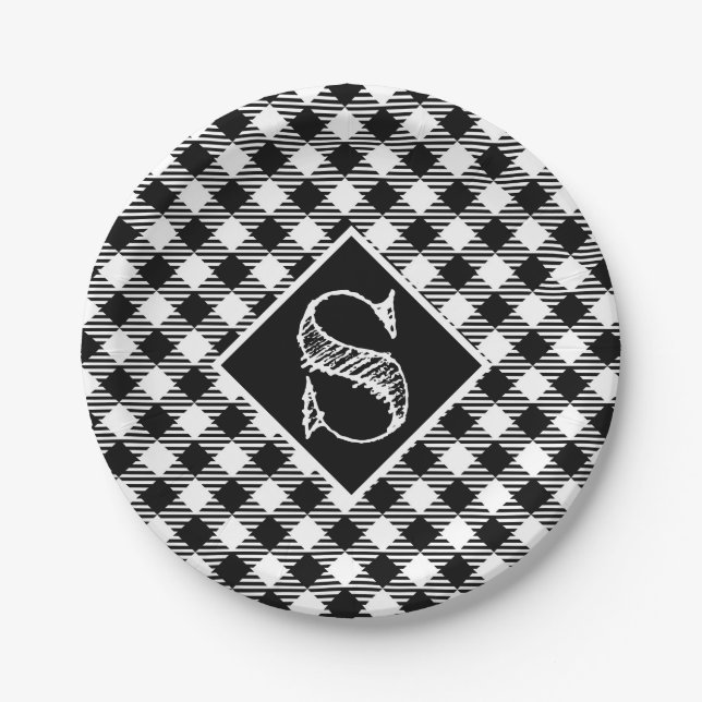 Classic Black White Buffalo Squares Monogram  Paper Plates (Front)