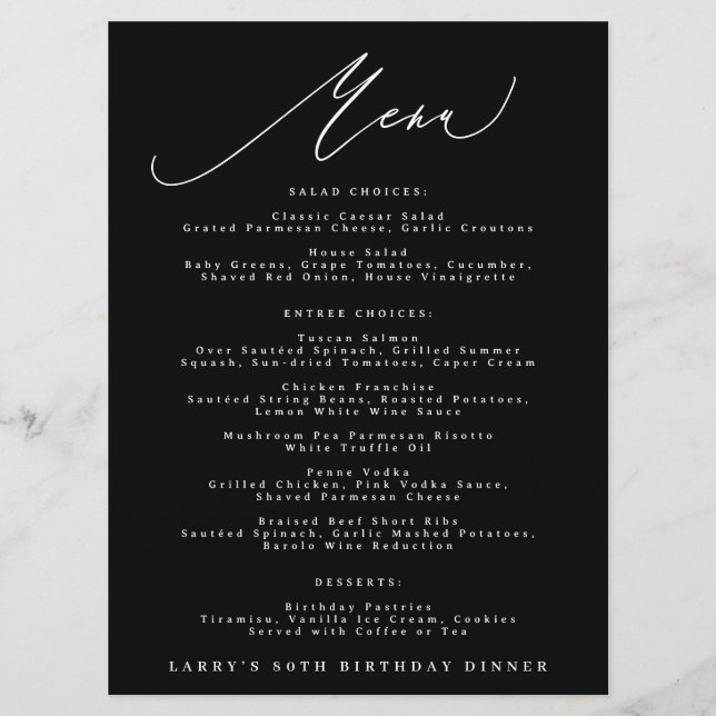 Classic Black White Calligraphy Birthday Menu (Front)