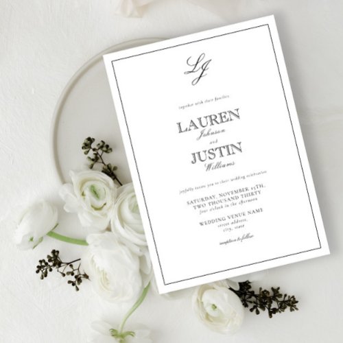 Classic Black  White Calligraphy Monogram Wedding Invitation