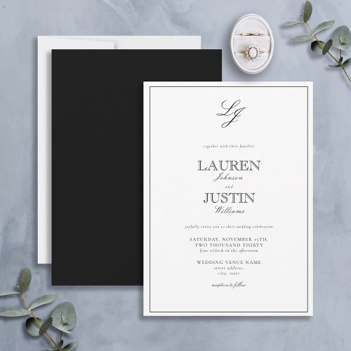 Classic Black  White Calligraphy Monogram Wedding Invitation
