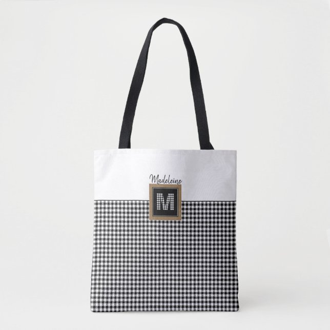 Classic Black & White Check Gingham Plaid Monogram Tote Bag (Front)