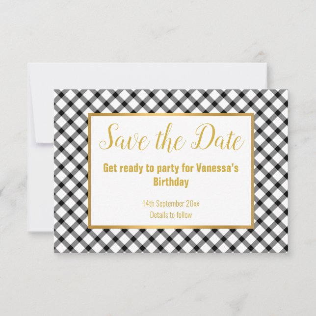 CLASSIC BLACK WHITE CHECK SAVE THE DATE RSVP CARD (Front)