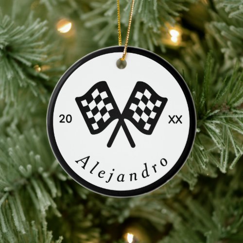 Classic Black  White Checkered Flag Racing Racer Ceramic Ornament