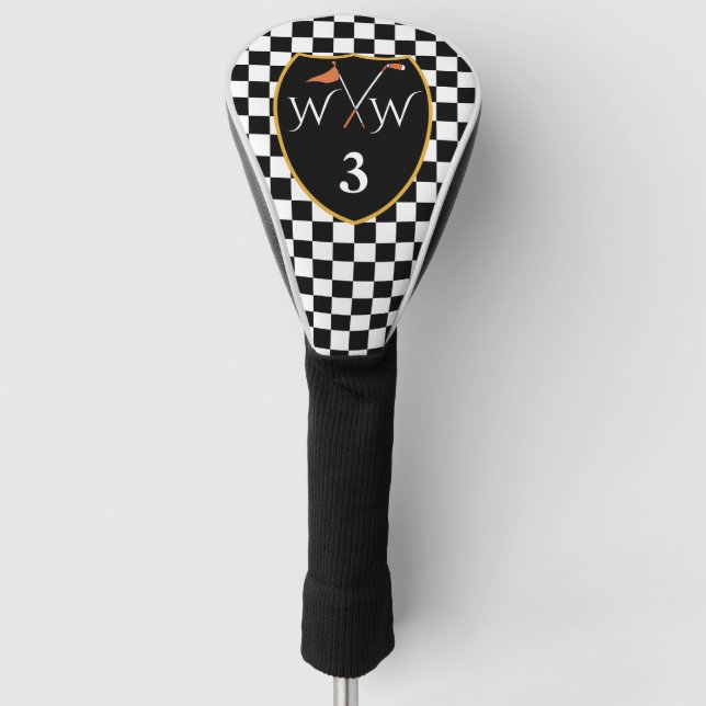 Classic Black & White Checks Initials & Number Golf Head Cover (Front)