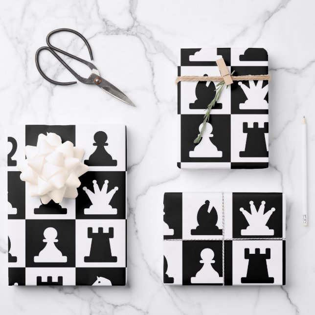 Classic Black & White Chessboard Pattern Wrapping Paper Sheets (Front)